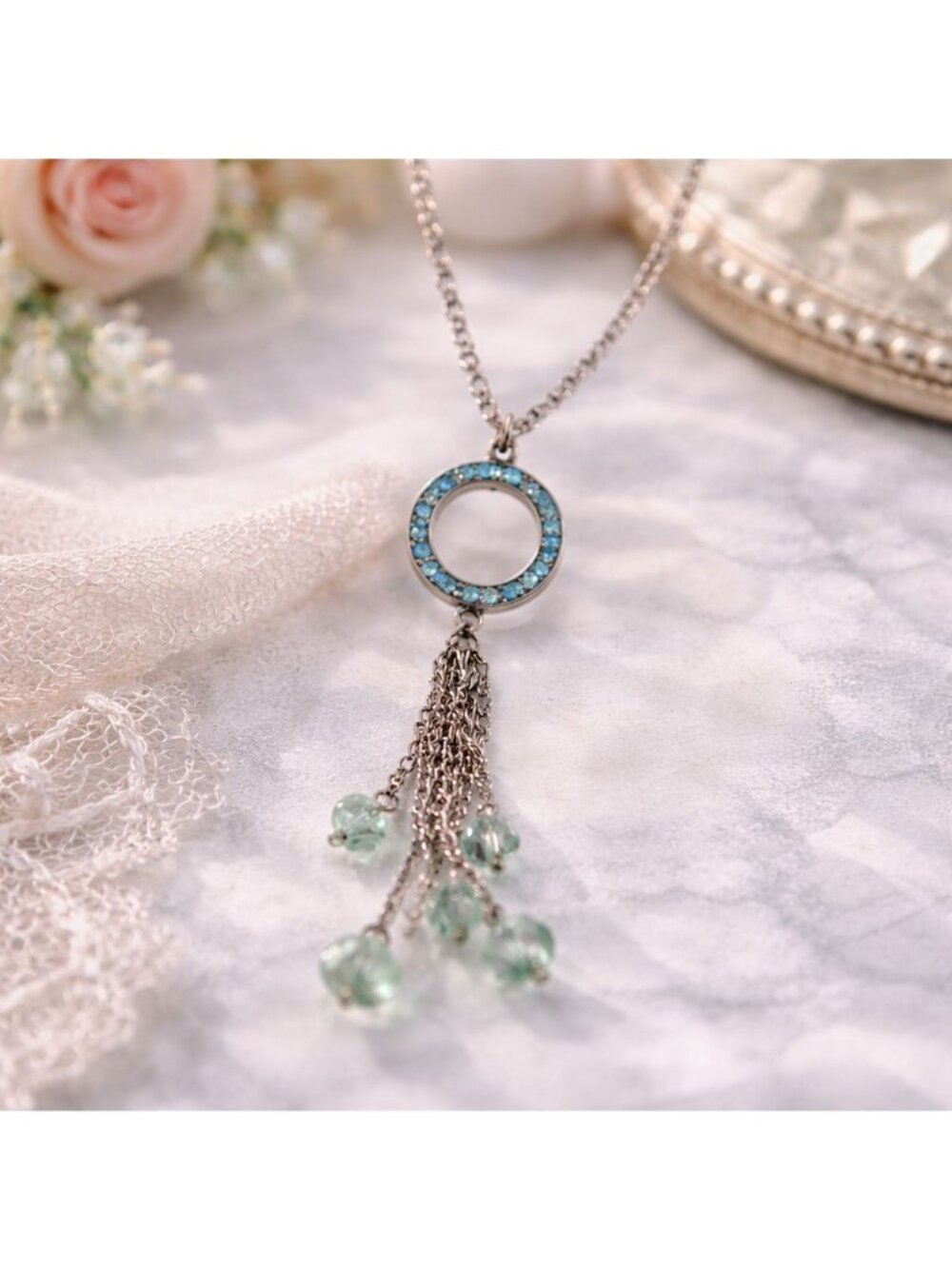 Crystal Tassel Pendant Necklace With Rhinestone Circle & Aqua Beads Silver Chain